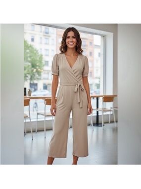Tie-Waist Short-Sleeve Cropped Jumpsuit in Light Beige
